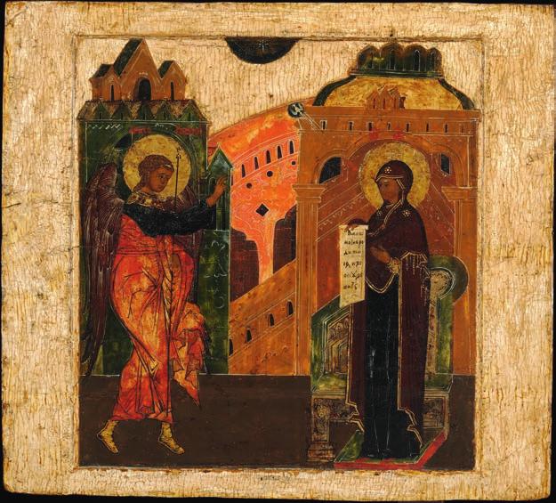 746 746 RUSSIAN ICON, EARLY 18TH CENTURY A large Russian icon depicting the Annunciation.