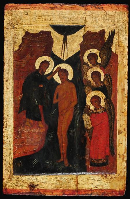 755 755 RUSSIAN ICON, 17TH CENTURY A large Russian icon showing the Baptism. Christ in the center being baptized by St.