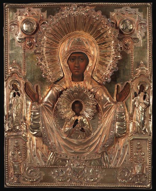 756 756 RUSSIAN ICON, 1804 A Russian Mother of God of the Sign icon flanked by St. Sergius and St. Tatiana.