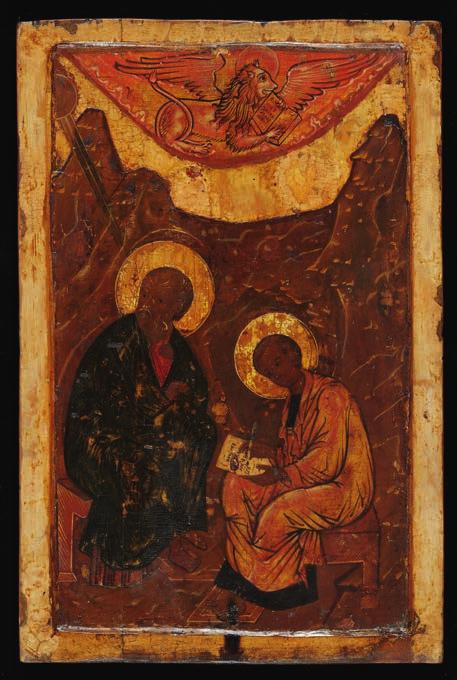 758 758 NORTH RUSSIAN SCHOOL, 17TH CENTURY A large Russian icon depicting the Evangelist John and his writer Prochor. The Saint sitting in calmness dictating the Gospel against a rocky background.