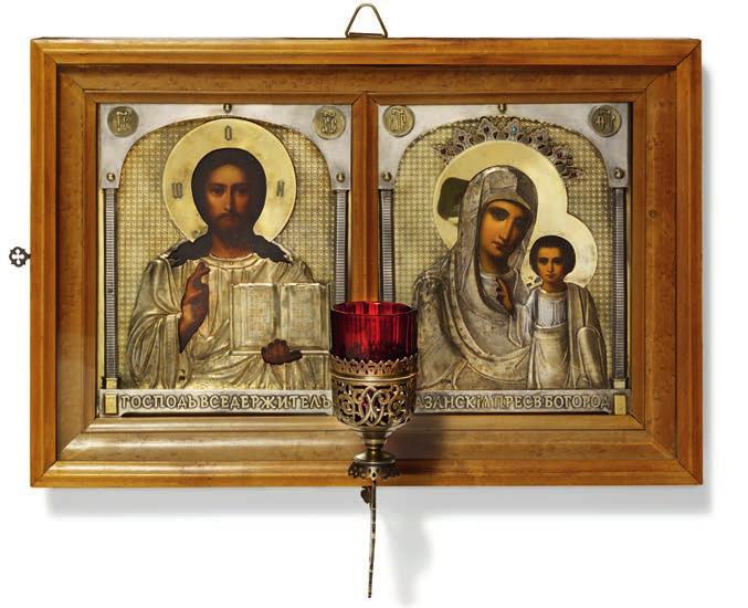 760 760 IVAN SEMENOVICH GUBKIN AND OTHERS, MOSCOW Two Russian icons depicting Christ Pantocrator and The Mother of God "Kazanskaya", both tempera on wood panel covered by chased and embossed
