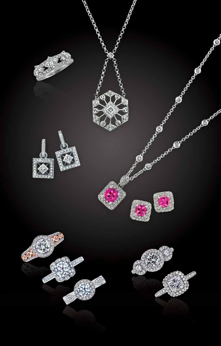 A Peter Storm O L L T O N A. 18kt 1.05ctw diamond clover ring, $5,350. 18kt.90ctw diamond hexagon design pendant, $4,385. 18kt 1.27ctw diamond square earrings, $6,490. 18kt 1.55ct pink sapphire and.