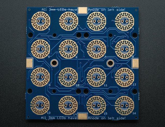 The Trellis PCB is specially made to match the Adafruit 4x4 elastomer keypad. Each Trellis PCB has 4x4 pads and 4x4 matching spots for 3mm LEDs.