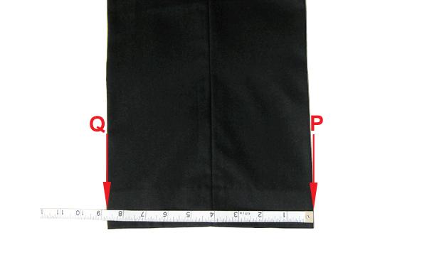 9. HALF HEM/LEG OPENING 1. Lay the garment out on a flat surface. 2. Measure from one side of the leg opening to the other side - from points P to Q as shown in the picture on the left.