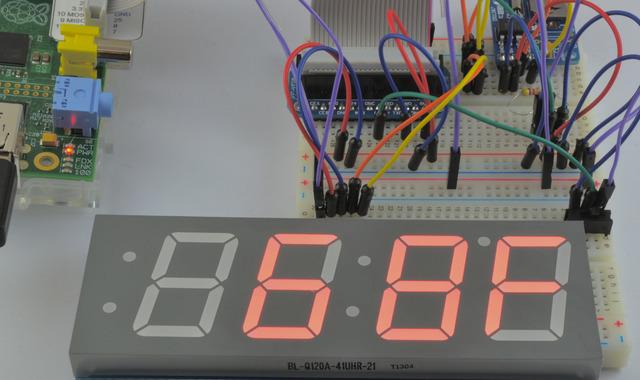 Overview This project combines a whole heap of modules to enable a Raspberry Pi to power a large 1.2 inch 4 digit 7 segment display.