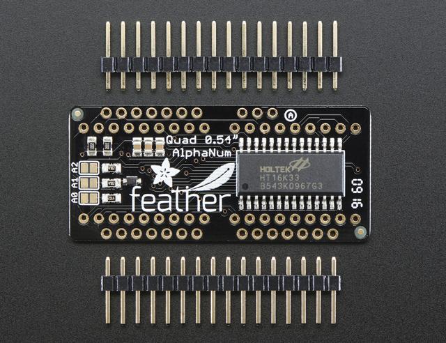 The LEDs themselves do not connect to the Feather. Instead, a matrix driver chip (HT16K33) does the multiplexing for you.