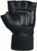 Split-cow leather palms Foam padding in palm and fingers Stretch-knit back Elastic cuff with hook & loop