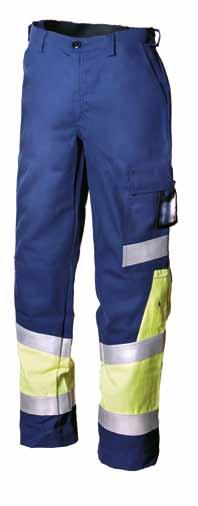 HI-VIS YELLOW/ NAVY BLUE Knee pad 4005 and 043 Front pockets, cargo pocket, horizontal/vertical pull-out ID card pocket, welding rod pocket, back pocket, ruler pocket and knee pad pockets.