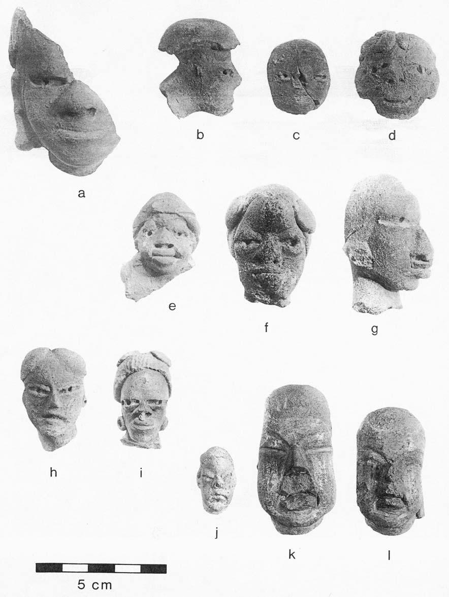 Figure 6.9 - Ceramic figurine heads from the Pacific Coast: a) Barra/Locona phases (ca. 1650-1400 B.C.), b-d) Locona phase (ca. 1550-1400 B.C.), e-g) Ocos phase (ca.