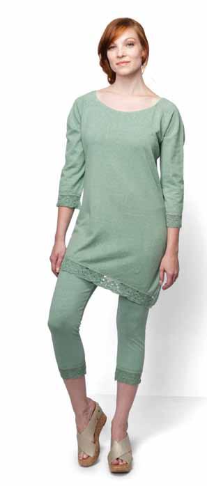 additional detailed images online 3 1038 Sadie Top (elbow sleeve) Our ever popular hooded tunic has a decorative three button faux placket with lettuce edging, elbow length sleeves and reverse seamed