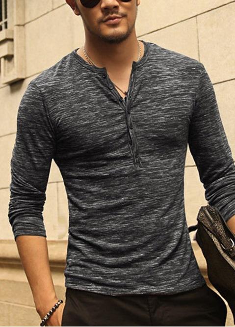 Henley shirts Similar to a T-shirt, but with a small, buttoning fly in the front, below the ring collar. They can be long- or shortsleeved, and both are a nice alternative to a plain tee.