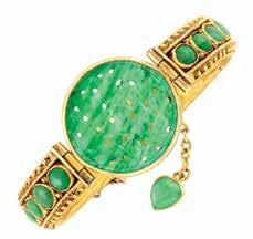 With Mason Kay report no. 336216, type A natural jadeite jade, no dye or polymer detected. 333 Gold, Diamond and Emerald Bracelet and Ring 18 & 14 kt., round diamonds ap. 6.85 cts., ap. 24.