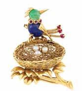 Property of an Old Southern alifornia Family 6 Gold, Sapphire, Emerald, Ruby and ultured Pearl Birds Nest lip-brooch,