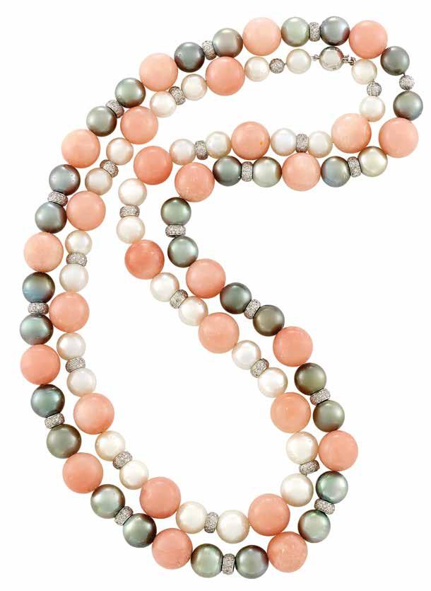 477 475 479 478 476 474 474 Two White Gold, Rose Quartz, ultured Pearl, olored ultured Pearl and Diamond Necklaces 18 kt., 28 rose quartz beads, 28 white pearls ap. 12.7 to 10.1 mm.
