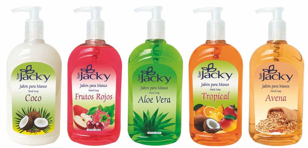 SUPER JACKY HAND SOAP Composed of five different scents: Coconut, Red Fruits, Aloe Vera, Tropical and Wheat.