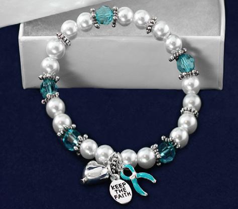 Sterling silver plated linked bracelet with a heart charm that has a teal ribbon. Comes in optional gift box.
