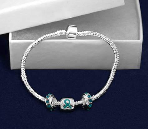 Sterling silver plated bracelet that has charms that say Hope, Faith, Love along with ribbon charms.