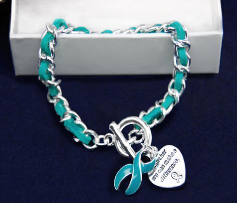 Sterling silver plated toggle bracelet with a teal string wrapped around a silver metal chain.