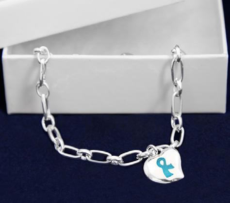 A flexible bangle bracelet that has the words Find The Cure with teal ribbons. Adult Size: (B-22-3F) 7.5 in.
