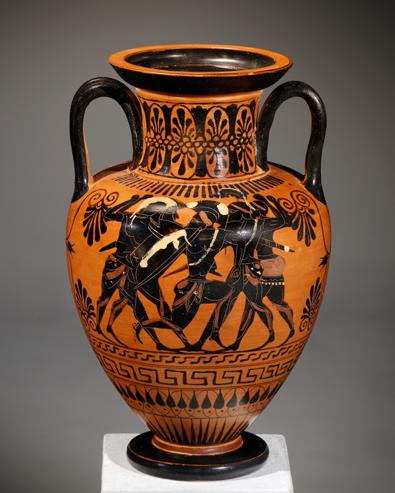 Intricate and Playful Ornamentation in Antiquity New Artworks Monthly on www.cahn.ch A BLACK-FIGURE NECK-AMPHORA. H. 33.5 cm. Clay. A: Quadriga, hoplites and Athena (in the Gigantomachy?).