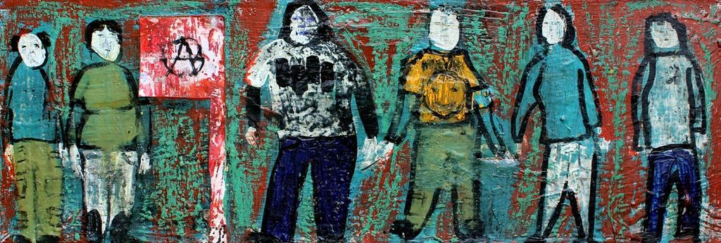 Above: Post Punks, mixed media on canvas, 12 x 36 inches Previous page: