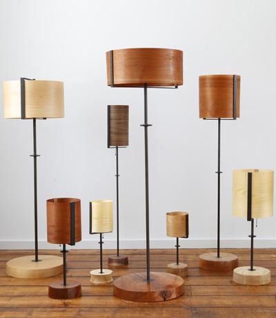 Chris Lehrecke Veneer Lamps Floor and desk lamps with veneer shades and wooden bases