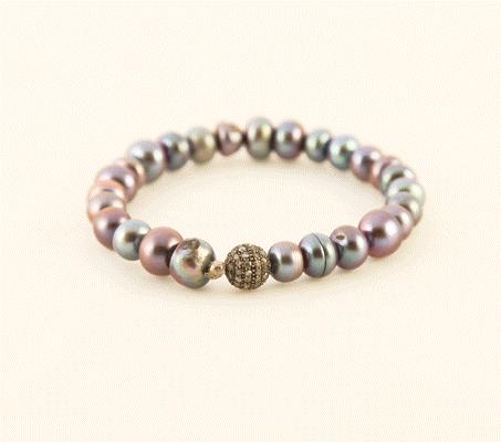 Gray Pearl with Diamond Bead Stretch Bracelet, one size fits