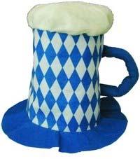 HATBRBLU Bavarian Beer Mug Party Hat Blue and white checkered felt Beer Mug hat with faux sheep wool foam on top.