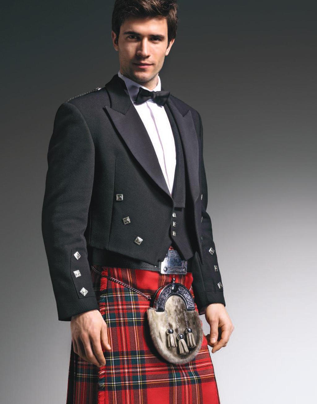 Royal Stewart Kilt Worn with Black Prince Charlie Jacket, matching 3-button