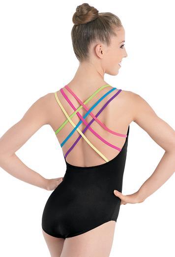 Competition-style leg bands help keep unitard in place. Front liner.