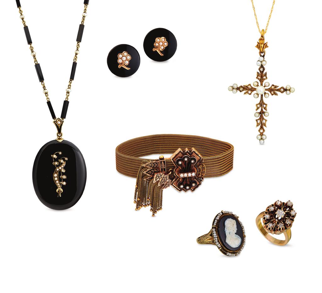 . Onyx and pearl mourning necklace, $4,495. Onyx and pearl earrings, $825. Rose cut diamond and pearl cross, $2,700.