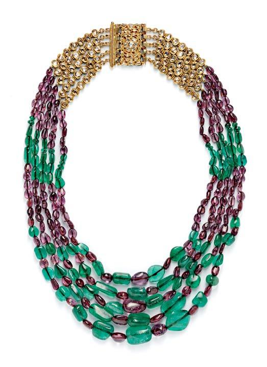 377 377 Emerald and Purple Spinel Bead Necklace, composed of five strands of graduating emerald and spinel beads, with gold and foilback diamond links, and completed by a gold clasp of diamond-set