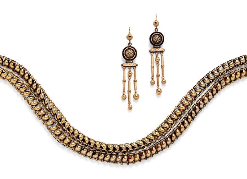 381 382 381 Antique Gold and Enamel Suite, comprising a brooch and earpendants each designed as a dome with black tracery enamel within a beaded border and suspending baton and bead drops, lg.