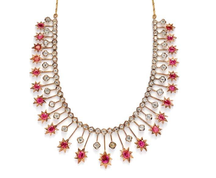 565 565 Antique Ruby and Diamond Necklace, India, designed as a fringe of alternating star-set cushion-cut rubies and old Europeancut diamonds, suspended from bead-set old European and old mine-cut