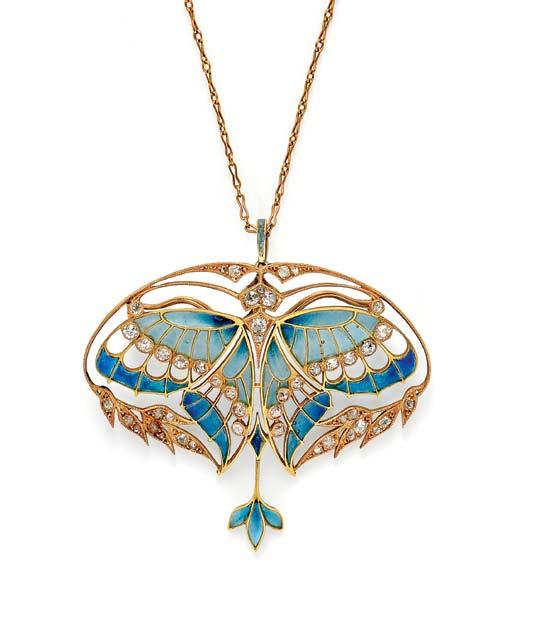 231 231 Art Nouveau 18kt Gold, Plique-a-Jour Enamel, and Diamond Pendant/Brooch, Henri Vever, Paris, designed as a butterfly with plique-a-jour enamel wings and bezel-set old mine-cut diamonds,