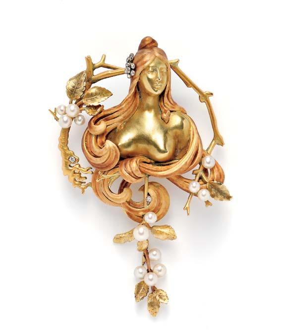 232 232 Rare Art Nouveau 18kt Gold and Enamel Pendant/Brooch, Gabriel Falguieres, Fécundité, the voluptuous, bare-breasted female personification of fecundity with long flowing hair amongst branches