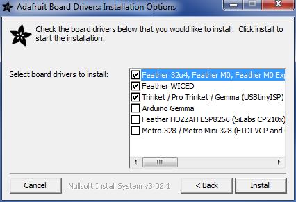 On Windows 7, by default, we install a single driver for most of Adafruit's boards, including the Feather 32u4, the Feather M0, Feather M0, Express, Circuit Playground, Circuit Playground Express,