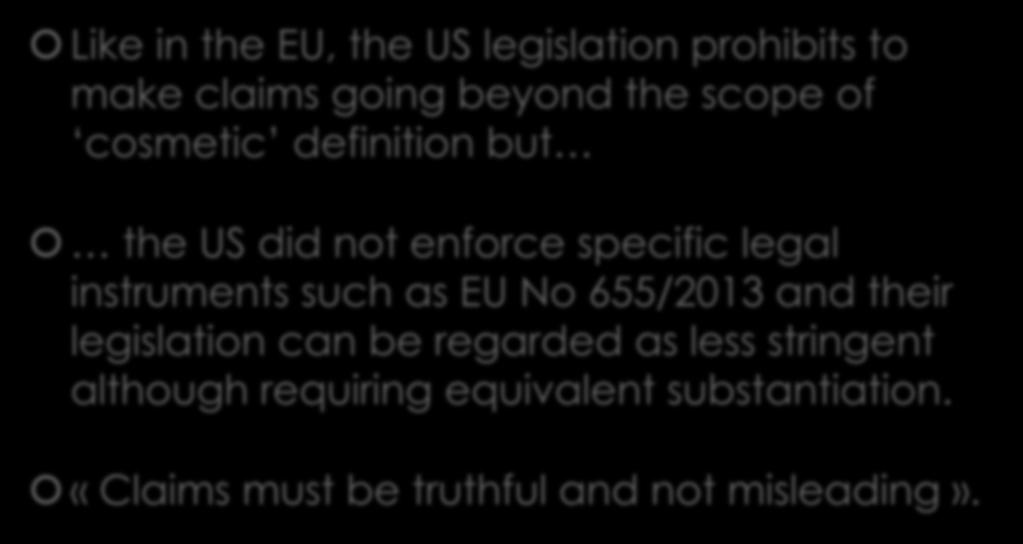 Talking about claims Like in the EU, the US legislation prohibits to make claims going