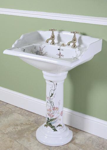 2 Classic White (Brown Logo, Victorian Garden Pattern) Basin & Pedestal 1 635mm basin (2 tap hole)