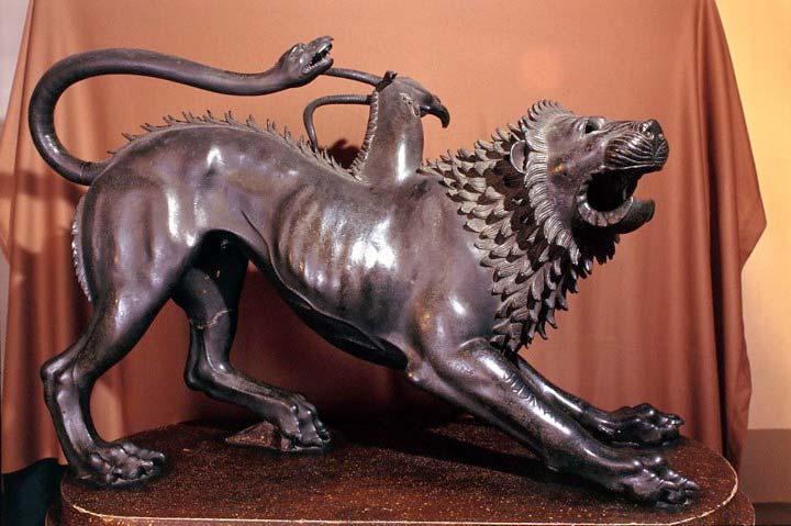 The Chimaera of Arezzo Bronze statue found in