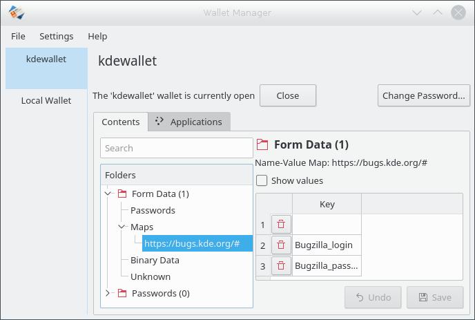 Clicking on a wallet in the KWallet Manager window will display that wallet s status and the contents of an opened wallet.