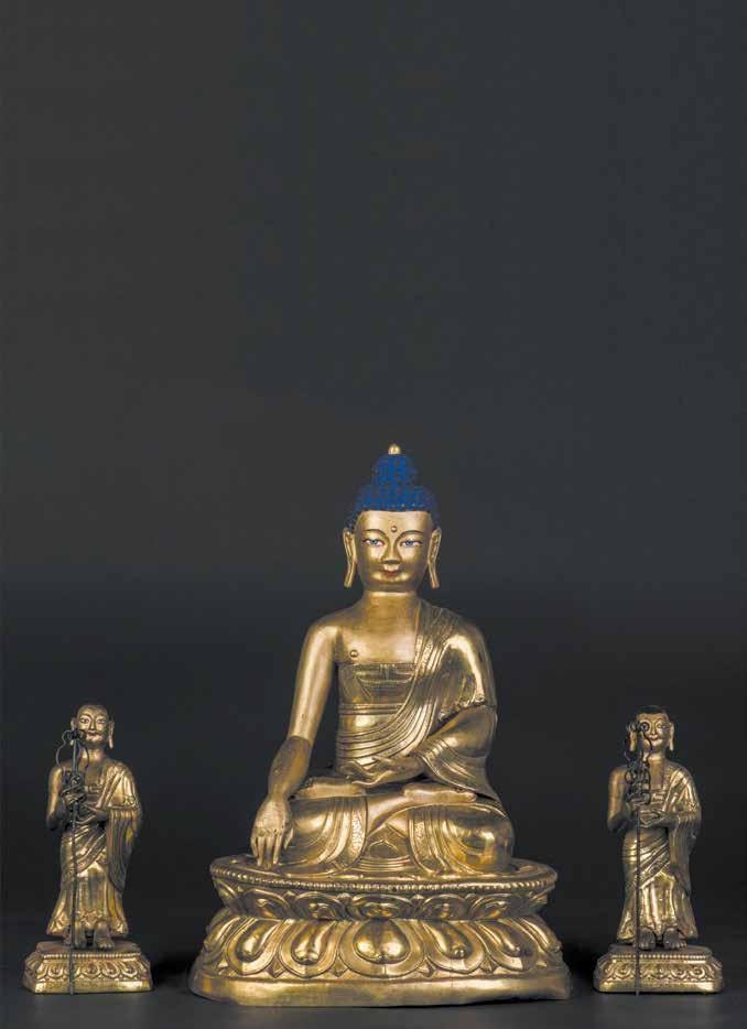 1056 十八世纪蒙古释迦牟尼像师徒三尊 A GILT BRONZE FIGURE OF SAKYAMUNI BUDDHA An Eighteenth Century Mongolian Sakyamuni bronze Buddha.