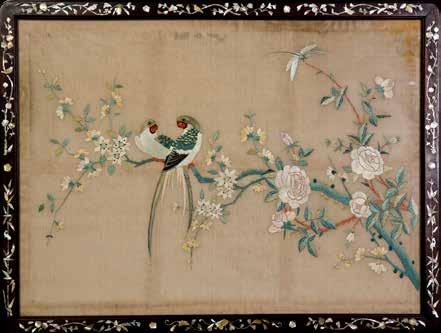 75 Diameter 11 $500-800 1107 民国花鸟图缂丝挂屏配红木嵌螺钿框 AN EMBROIDERED SILK PANEL, REPUBLIC PERIOD The cream colored ground embroidered in colorful silk threads to depict
