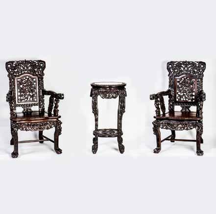 Height 43 Width 20 Length 24 x 2 Height 32 Width 17 $8000-12000 1119 清红木嵌大理石雕花墩 ( 一对 ) A PAIR OF MARBLE-INSET HONGMU STAND The top of each stand is inlaid with a red variegated marble panel, above