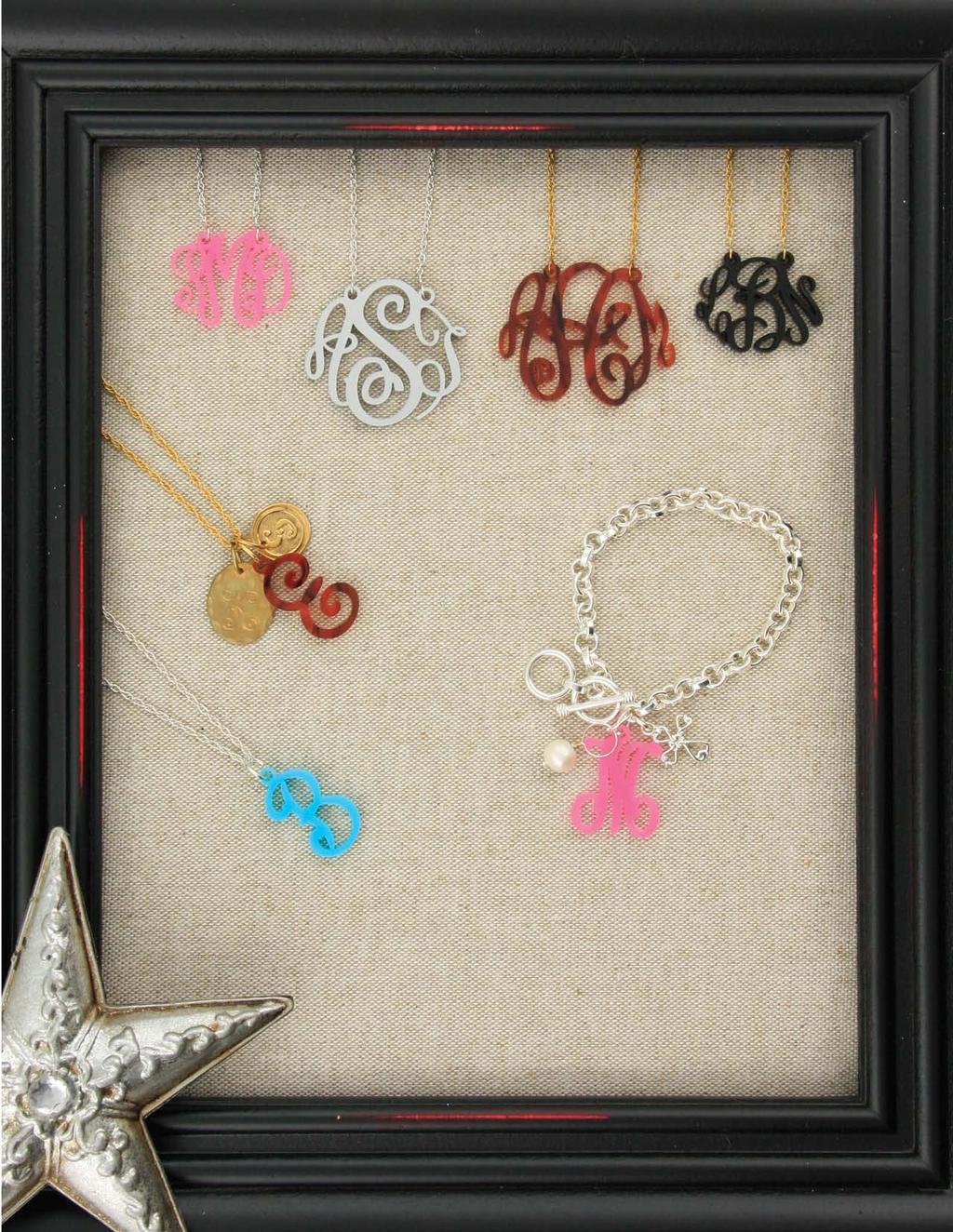 c. d. d. c. e. Acrylic Filigree Monograms Add charms to create a unique initial necklace! JB0216 $24 7 1/2-8 JC0007 $7 JC0054 $12 e. e. Remove the single initial from the chain and place on a bracelet.