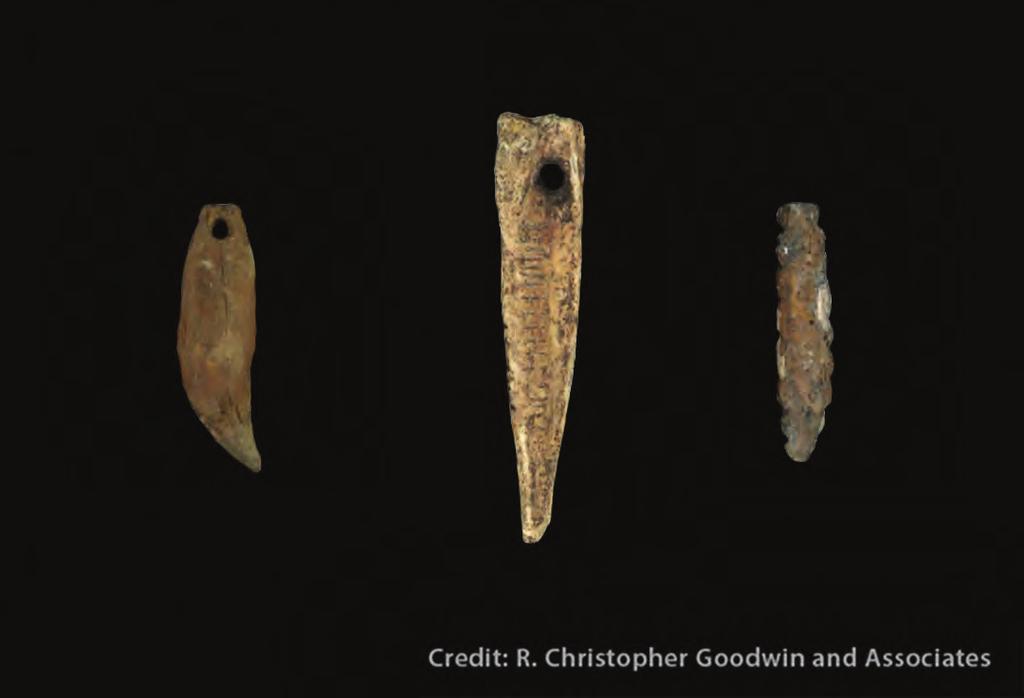 Pendants Researchers found three pendants at the Tchefuncte site, one made of a black bear canine tooth (A), one of a drum fish bone (B) and one of shell (C).