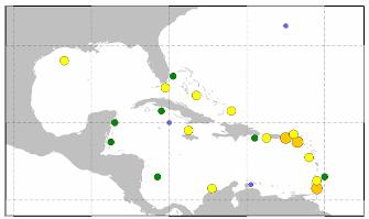 Percent of Coral Colonies Bleached Tob USVI Sab Mex Bel FL-K