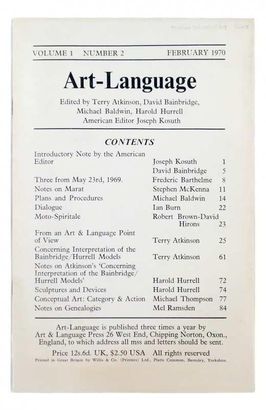 Figure 2. Art-Language, 1, no. 2 (Feb. 1970) Karshan and Burn became friendly when the former needed frames for his print collection and called into Dain s workshop where Burn made frames.