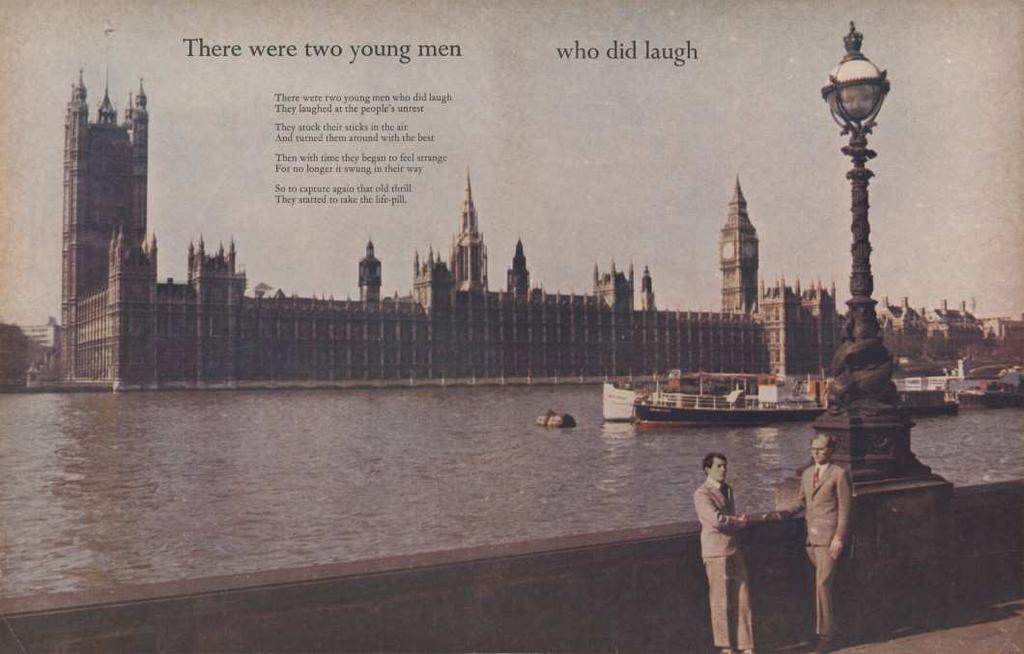 220 21 Gilbert & George were photographed on the Thames Embankment opposite the Houses of Parliament, with the text of There were two young men who did laugh printed