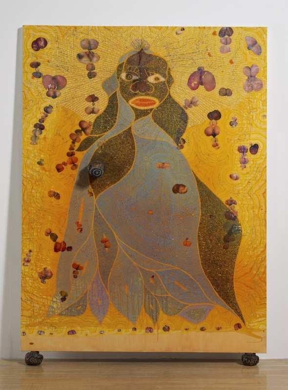 Figure 4. Chris Oili, The Holy Virgin Mary, 1996, acrylic, oil, polyester resin, paper collage, glitter, map pins, and elephant dung on linen, 243.8 x 182.
